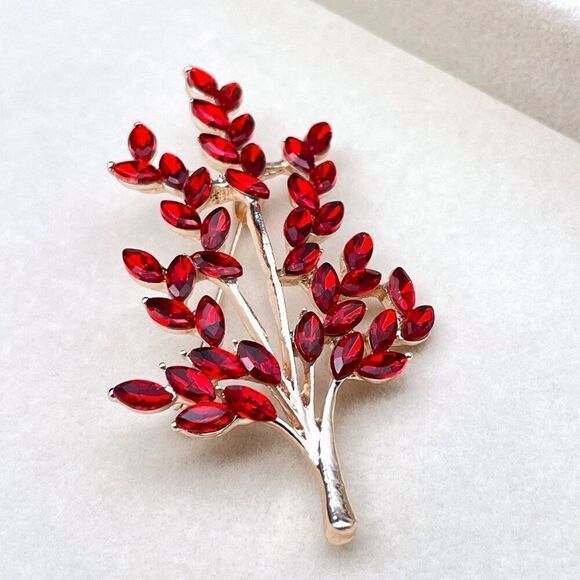 Rose Gold with Ruby Red Crystal Tree Branch with Leaves Pin Back Brooch - Picture 4 of 9